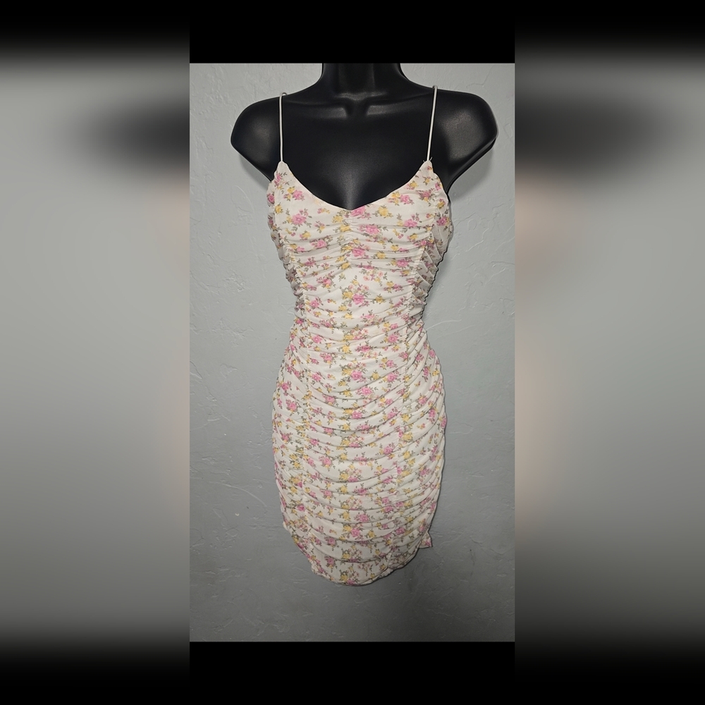 Floral Ruched Dress - Cream and Pink